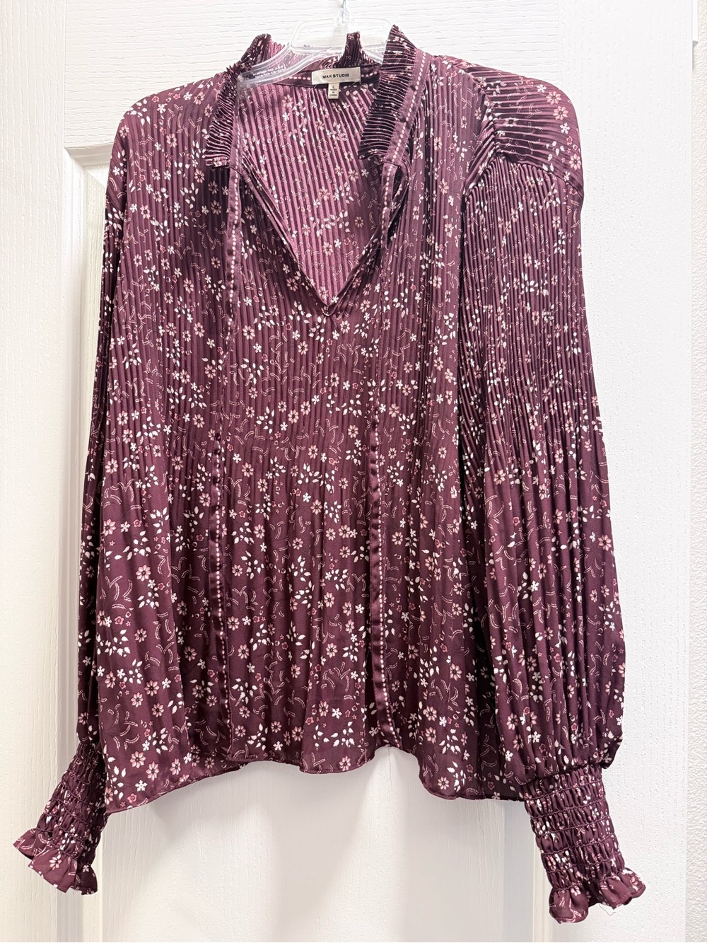 Max Studio Women's Plum Floral Pleated V-Neck Blouse